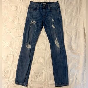 medium wash express mid rise ankle leggings with rips